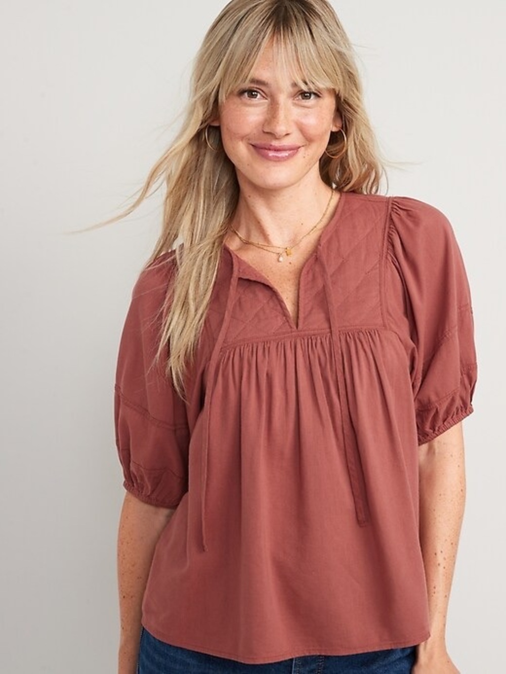Old navy puff sleeve split neck quilted swing blouse rust orange size large